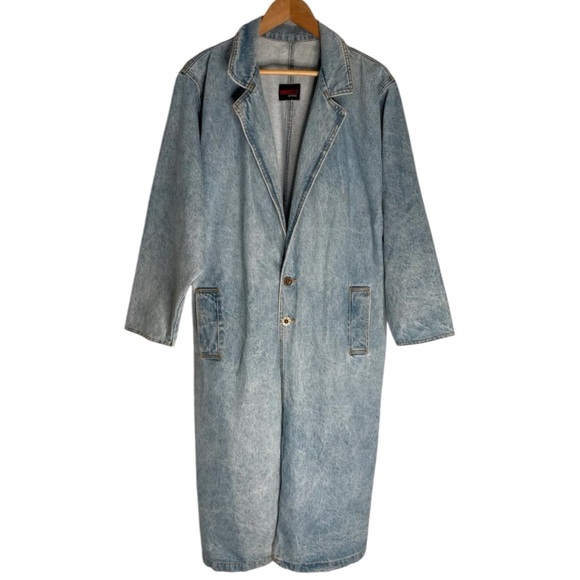 SUNBELT Vintage Denim Jean Jacket Long Trench Coat‎ Sz S M Oversized Relaxed Fit - Picture 1 of 7
